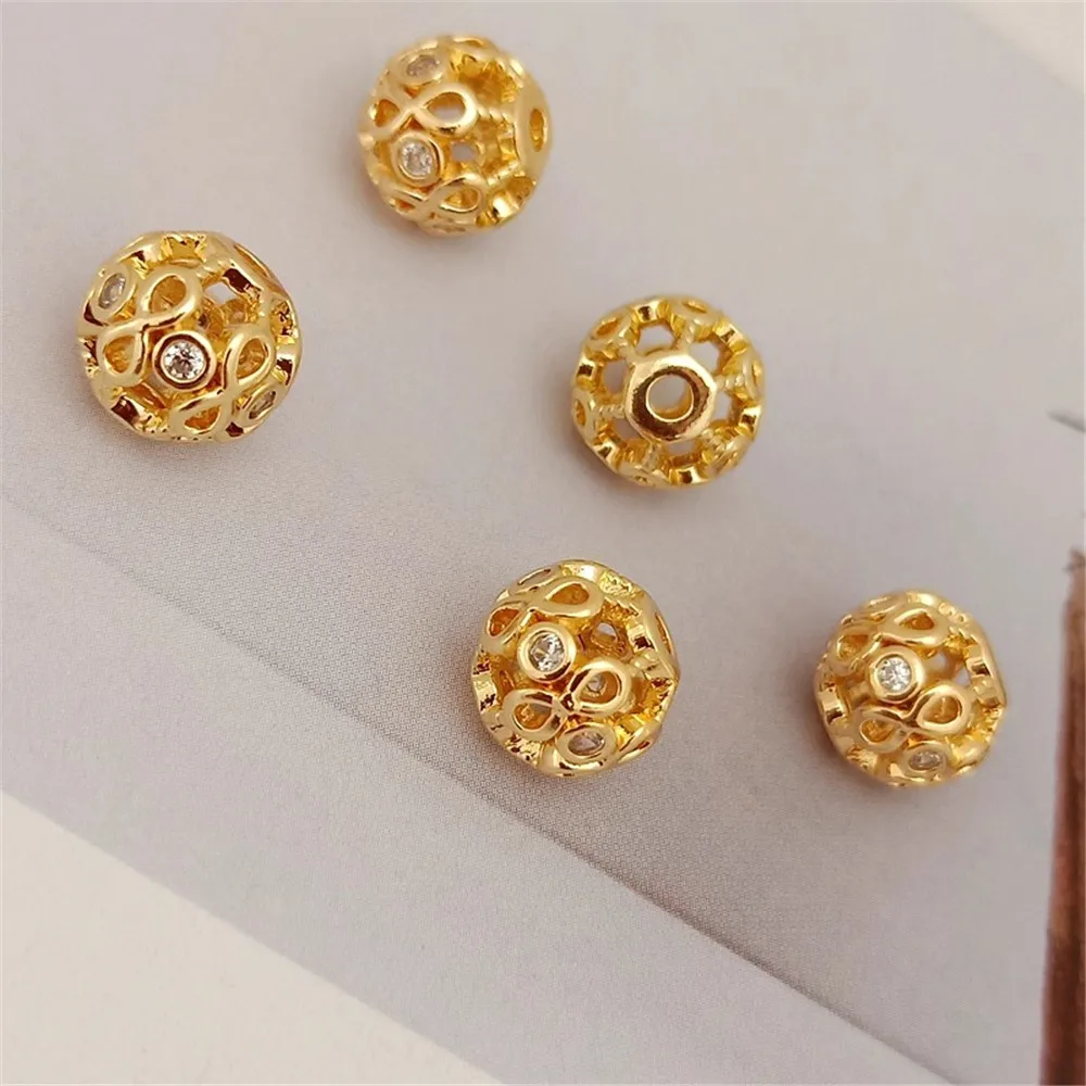 14K Gold-plated Zircon Hollow Bead DIY Bracelet Necklace with Pearl Flower Ball Pendant Accessory