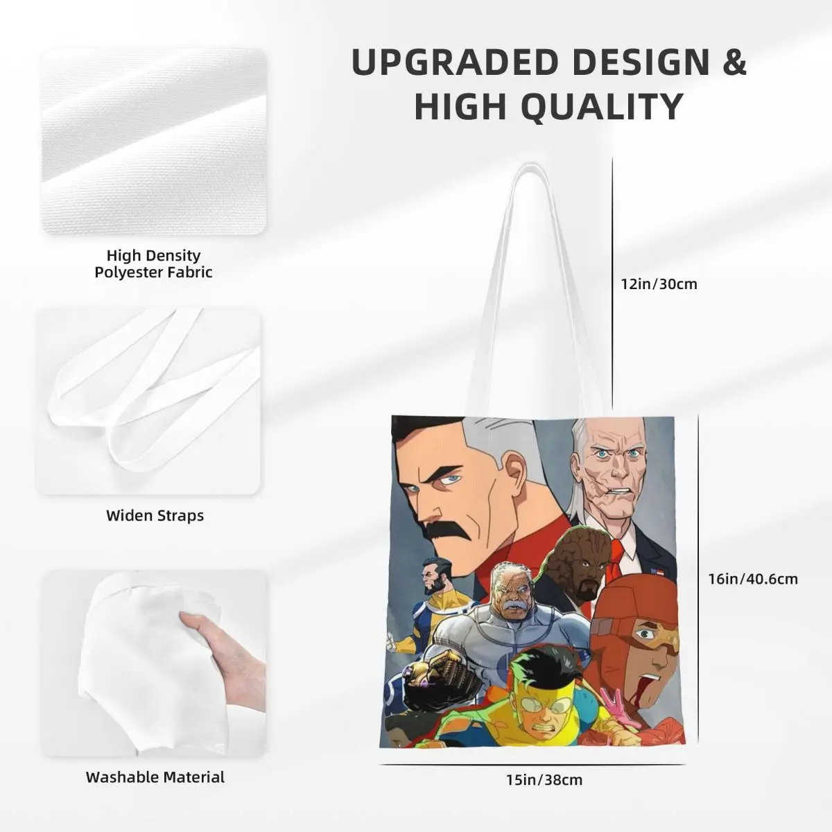 กระเป๋าช้อปปิ้งลายการ์ตูนอินวินซิเบิล กระเป๋าผ้าแคนวาสพับได้ กระเป๋าสะพายไหล่สำหรับสาวๆ กระเป๋าถือสำหรับเดินทาง