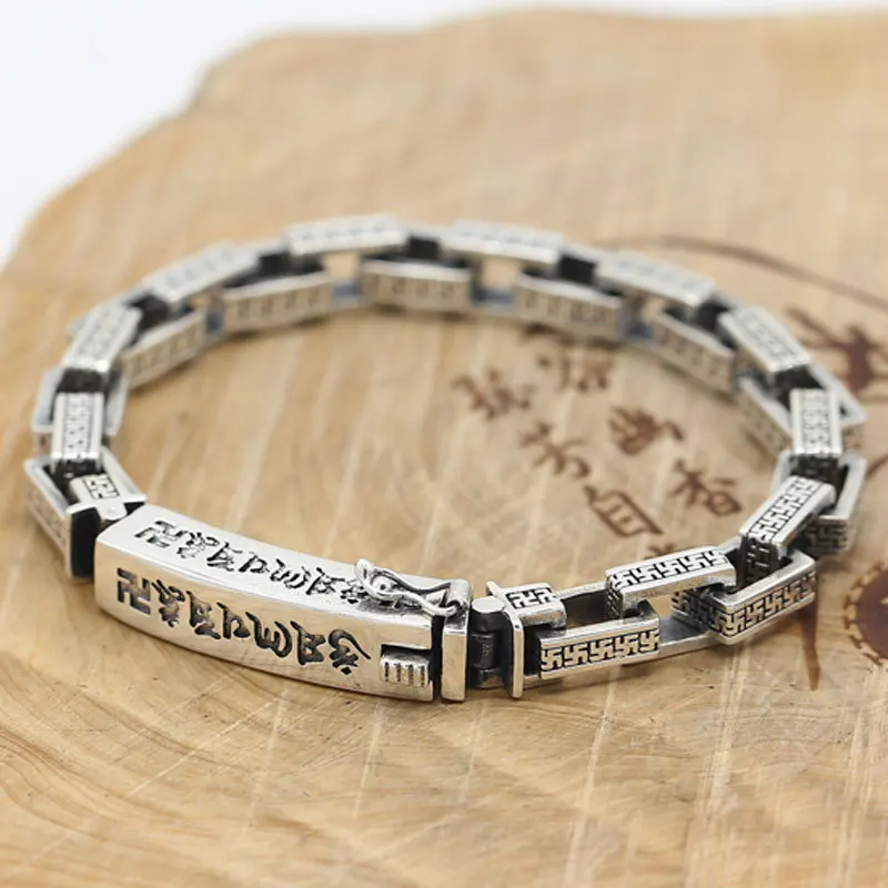 Chinese style pure silver retro worn-out bracelet, men's and women's square chains, Thai silver heart scripture, Sanskrit swasti