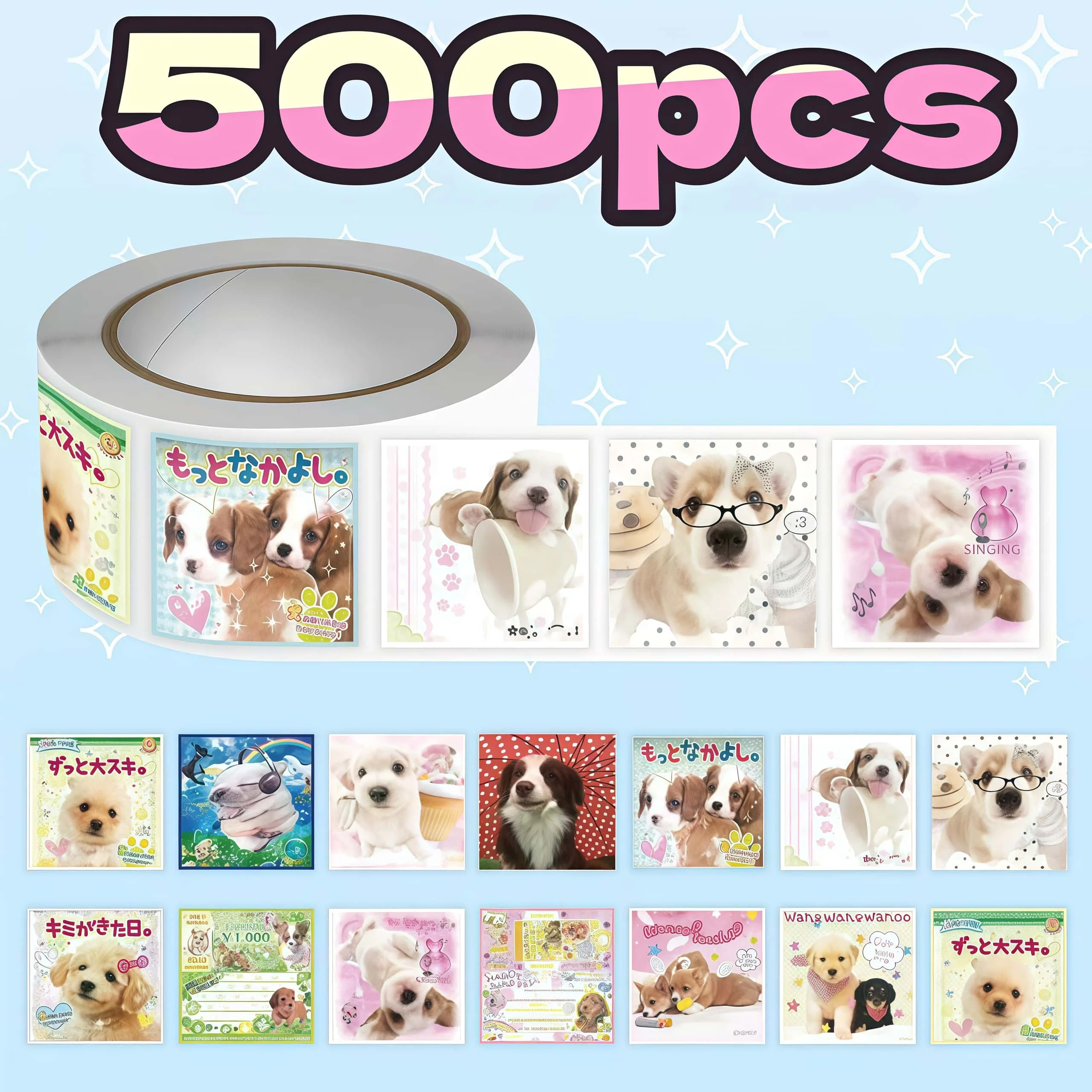 500Pcs Cute Puppy Roll Stickers, Kawaii Dog Square Label Stickers for Packaging Journal DIY Decorations