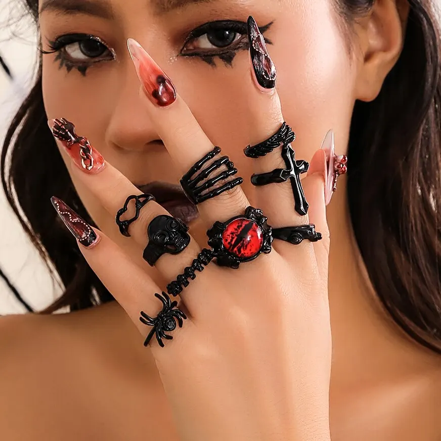 9Pcs/Set Goth Black Devil Eye Skull Spider Palm Rings for Women Vintage Cross Jesus Love Heart Rings Halloween Jewelry Gift New