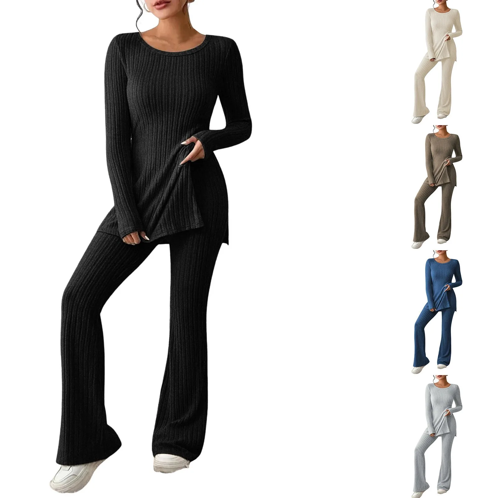 Spring New Women Knit Two Piece Sets Solid Color Sexy Slit Casual Slim Suit Long Sleeve O-neck Tops+Pants Set Fashion Streetwear