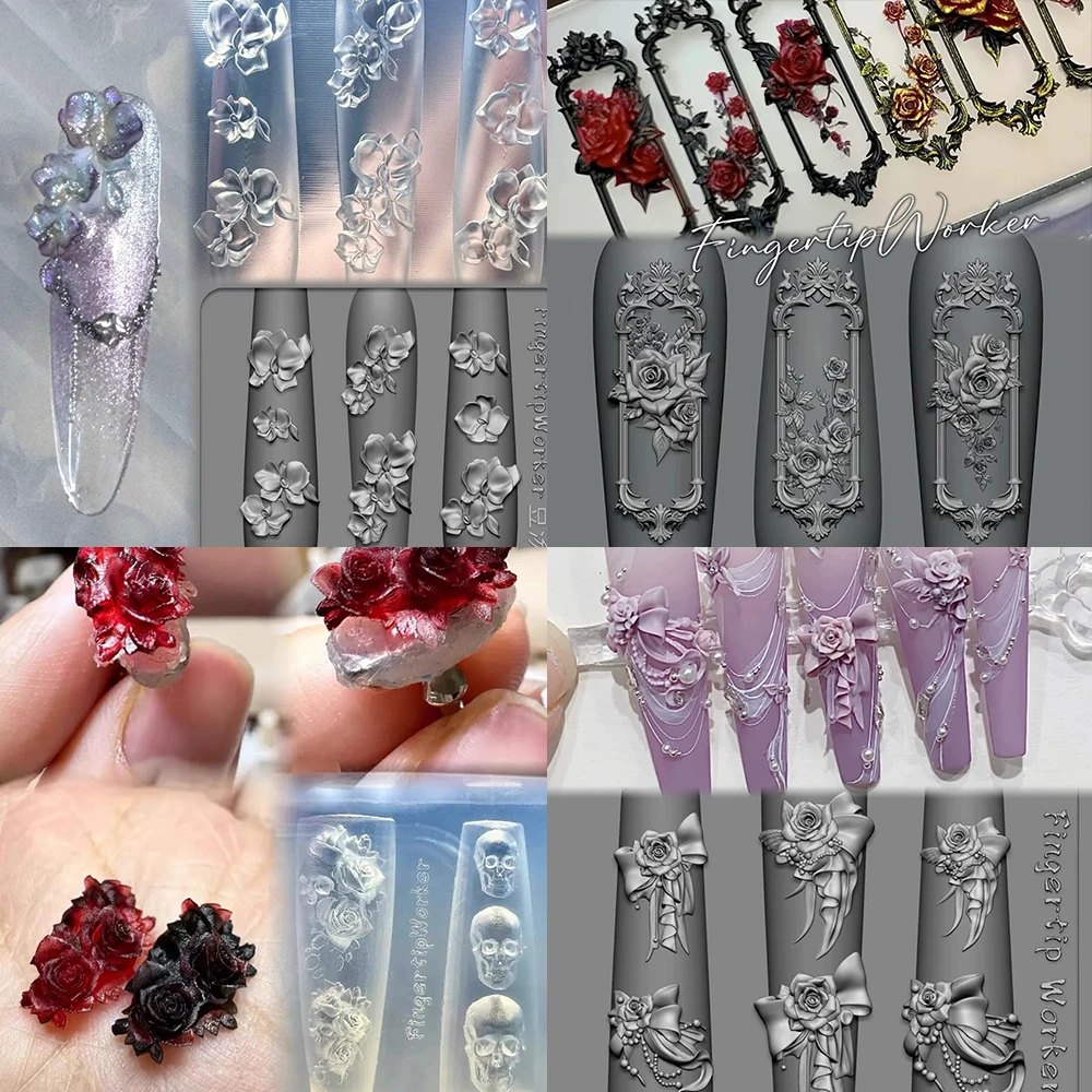 Rose Sunflower Tulip Hibiscus Flower 3D Silicone Nails Mold Bowknot Peony Ice Flower Diy Design Silicone Nail Art Nails Mold