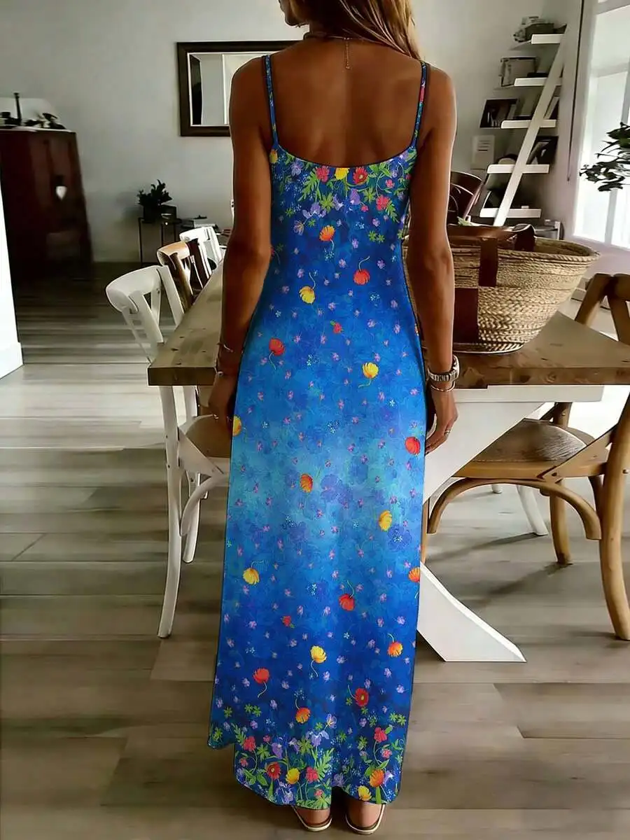 

Blue Floral Print Sleeveless Maxi Dress With Thin Straps For Summer Beach Garden Casual Wear