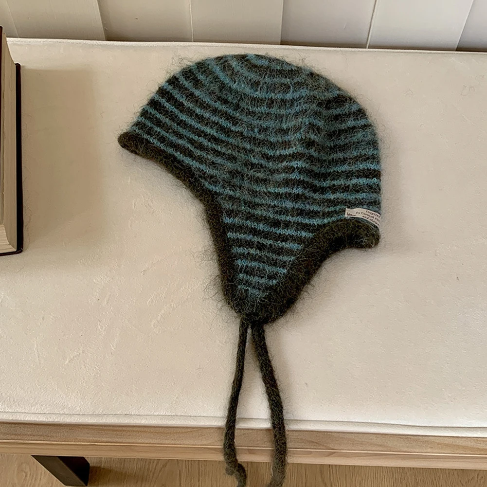

Вязаная шерстяная шапка-бини в полоску для осени и зимы, теплая, с защитой ушей, универсальная, повседневная