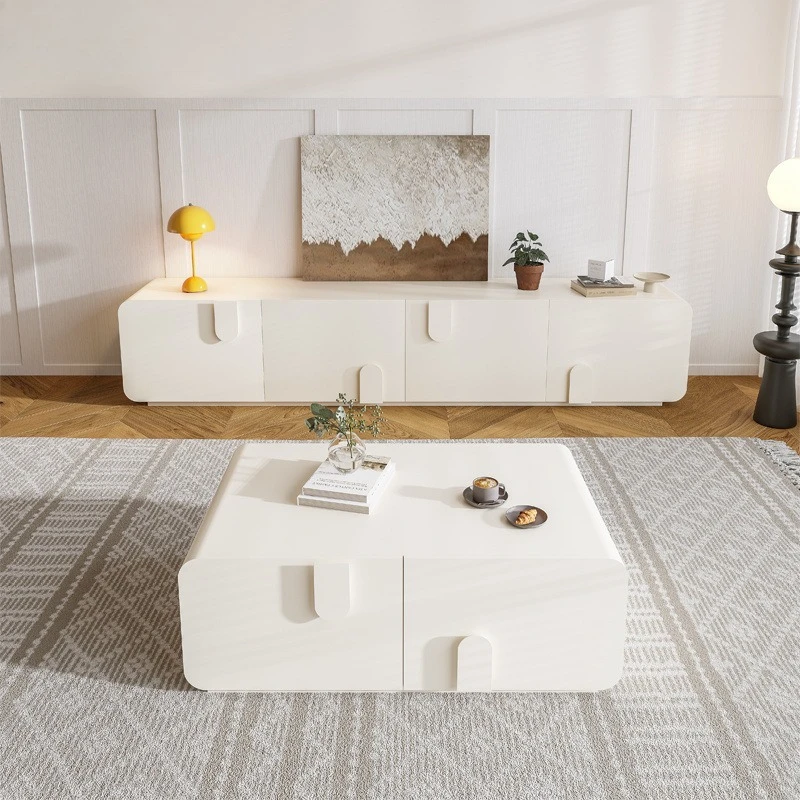 

2025 new all-solid wood TV cabinet coffee table combination cream wind French hollow wiring simple storage floor cabinet