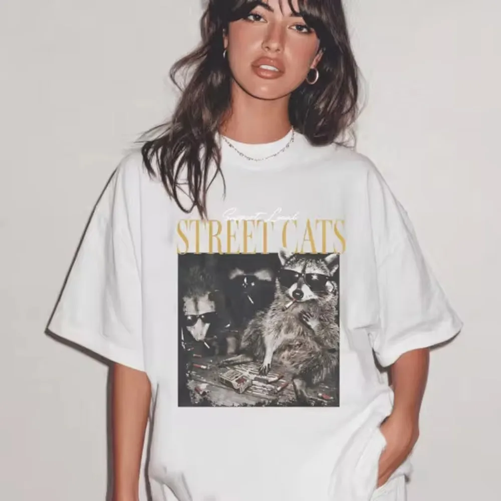 Vintage Faded Film-Style Raccoon & Opossum Print With Sunglasses & Cigarettes, Fun Niche American Street Loose White Tee
