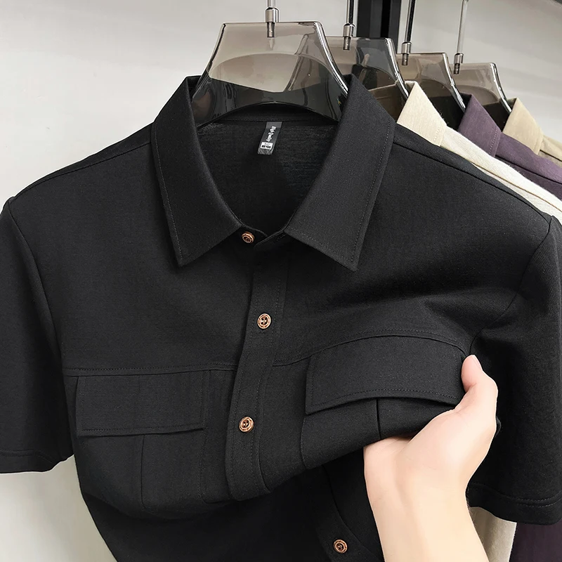 

Collar Solid Color Casual Short Sleeved Cardigan Shirt, Simple, Fashionable, Trendy, High-end Shirt