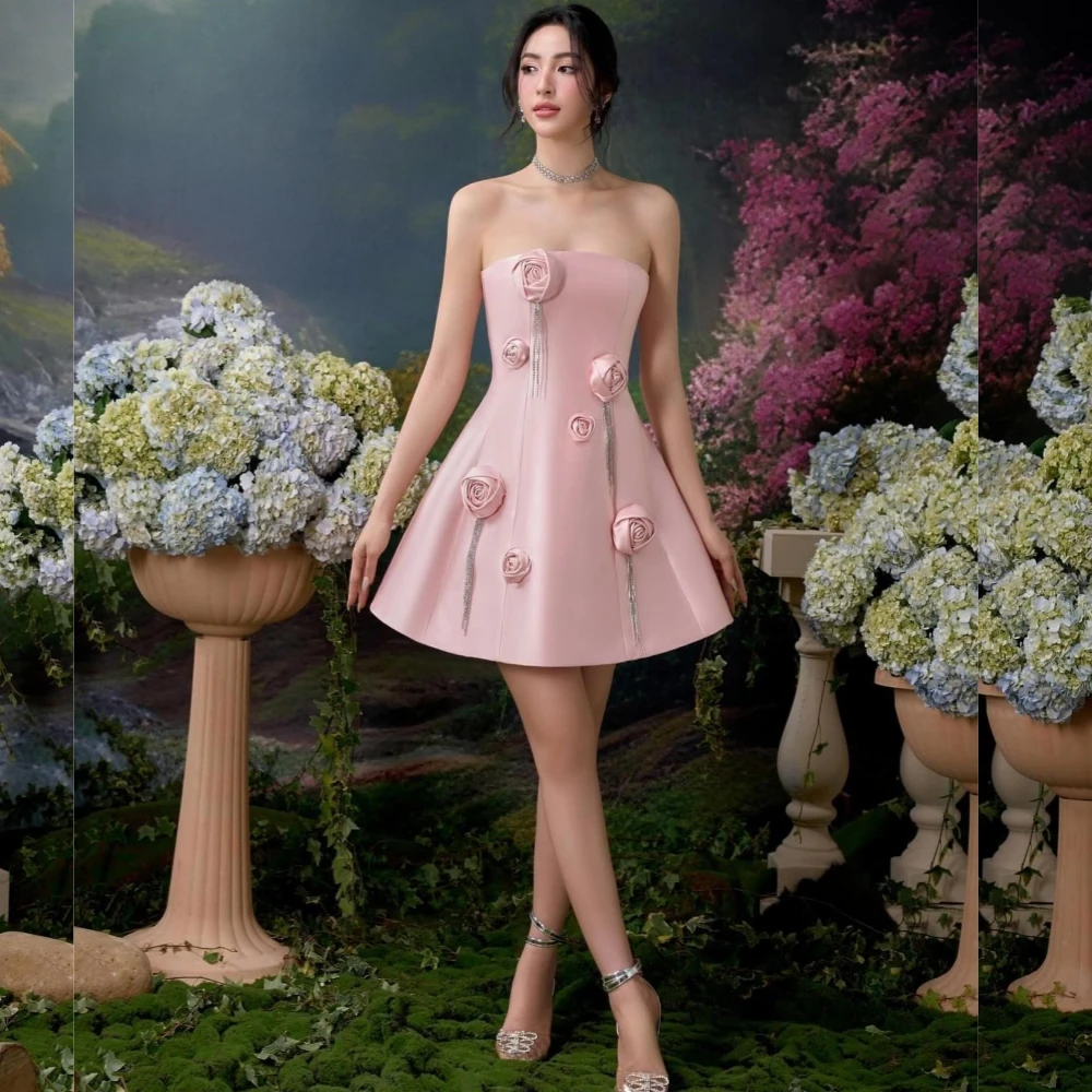 Jersey Tassel Flower Valentine's Day A-line Strapless Bespoke Occasion Gown Knee Length Dresses