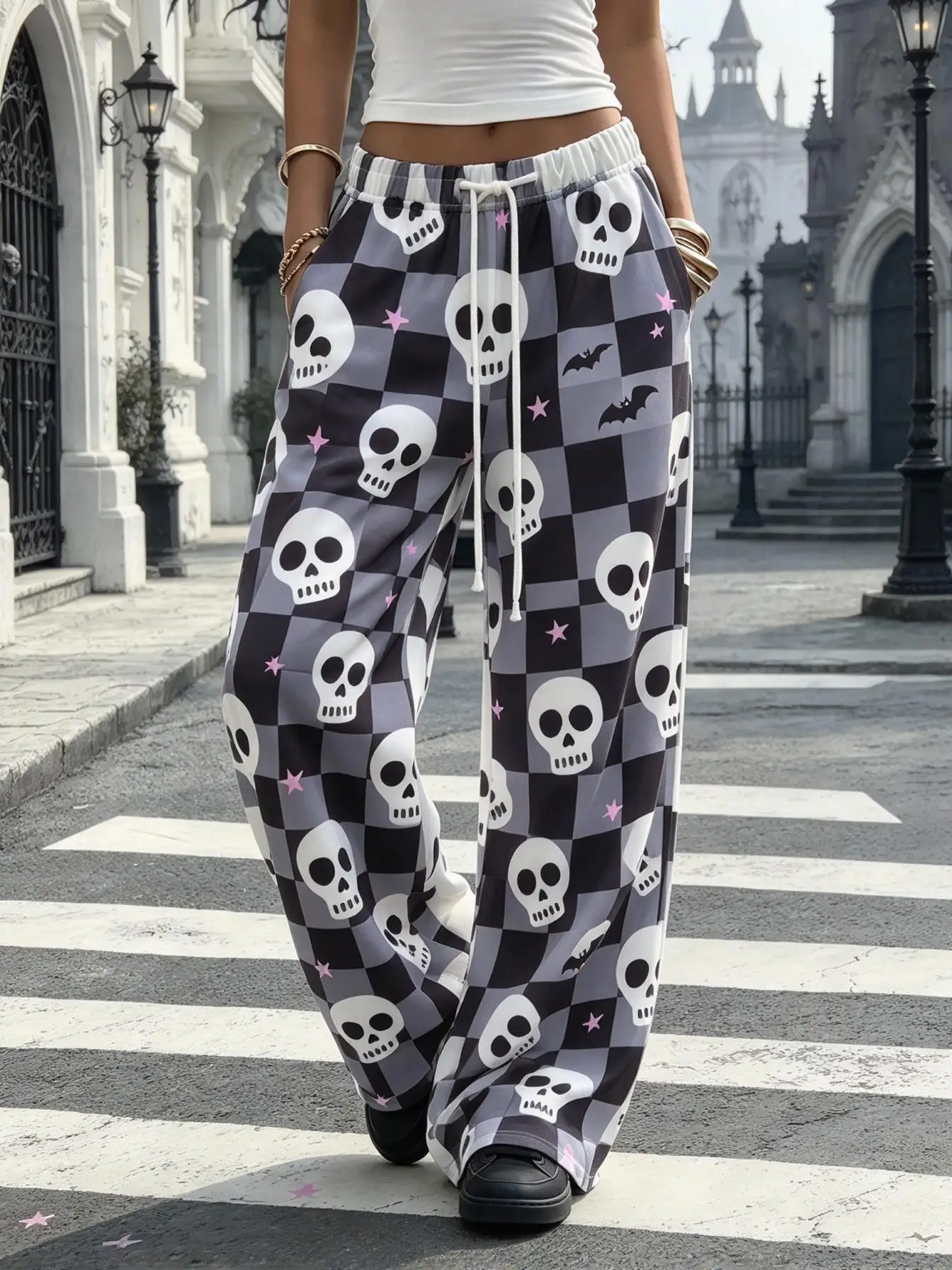 Halloween Ladies Wide Leg Trousers, Plaid Check Skull & Bat Star Print Drawstring Loose Streetwear Pants