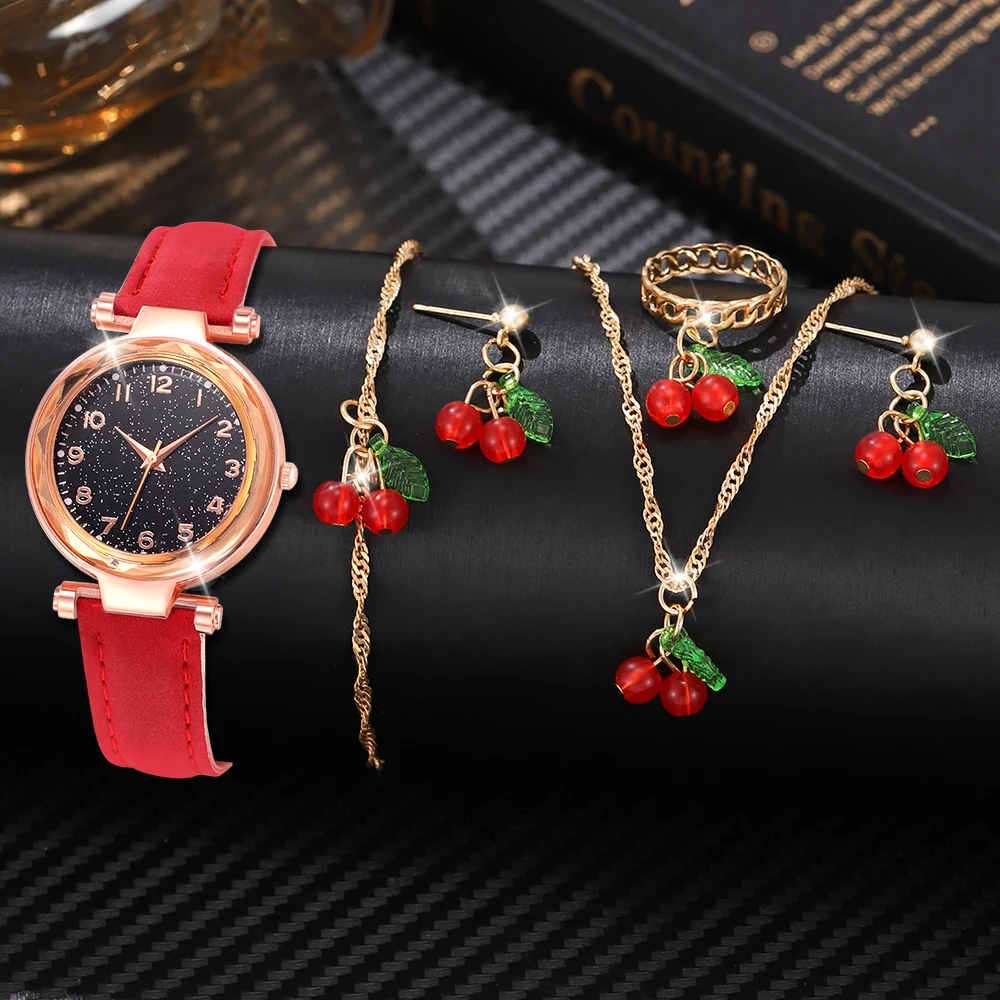 6PCS/Set Red Women\'s Watch With Minimalist Elements Dial Quartz Watch Latex Strap Cherry Elements Jewelry Set Girl\'s Gift