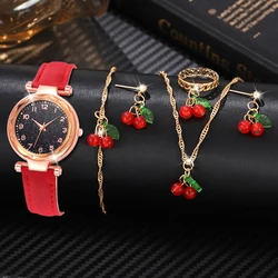 6PCS/Set Red Women's Watch With Minimalist Elements Dial Quartz Watch Latex Strap Cherry Elements Jewelry Set Girl's Gift