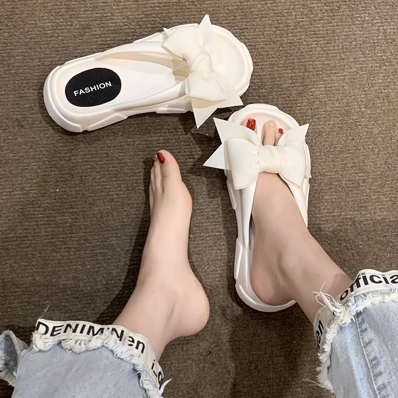 Lucyever Cute Bowknot Wedge Flip Flops for Women Summer Clip Toe Platform Sandals Woman Thick Sole Non Slip Beach Slide Slippers