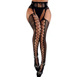 Women Sexy Transparent Black Stockings With Belt Fishnet Tights Erotic Lingerie Nylon Pantyhose Open Kruis Lace Erotic Stockings