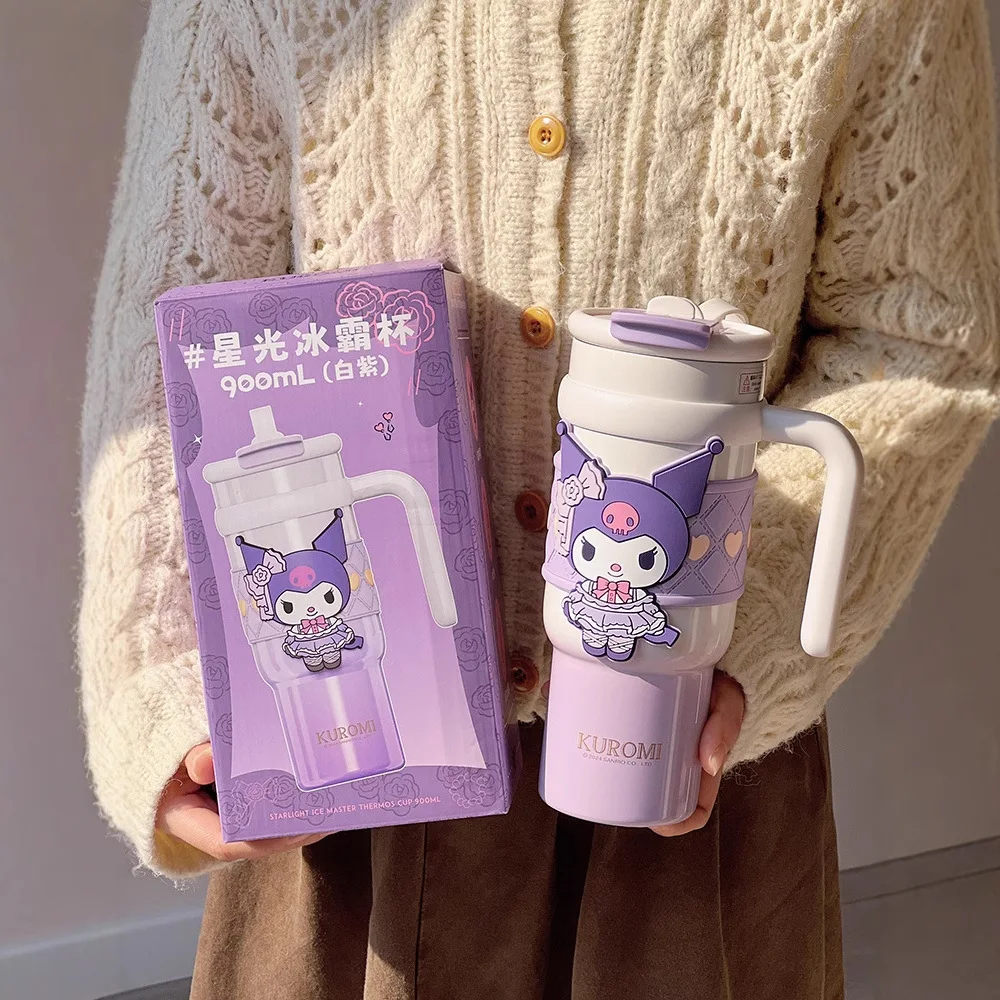 Anime Sanrio's Hello Kitty Kuromi Stainless Steel Thermos Cup Large Capacity Straw Cup Summer Cold Drinking Cup Boys Girls Gifts