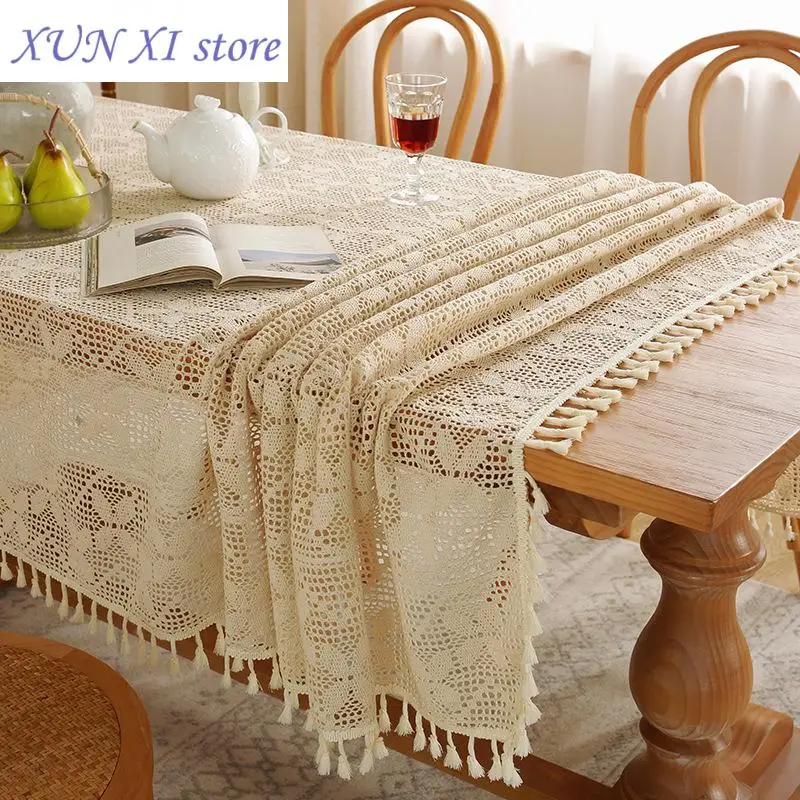 

New Rustic Style Handmade Crochet Dinner Tablecloth Woven Beige Towel Bridal Party Home Kitchen Dining Table Cover Decorative