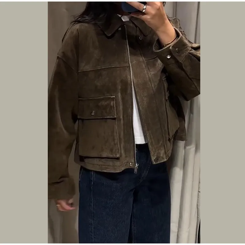 Retro Bomber Jacken Frauen 2025, Neue Herbst Winter Casual Große Taschen Drehen-unten Kragen Zipper Kurzen Mantel Mode Lose outwear