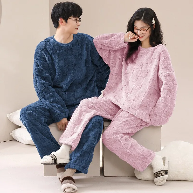 Autumn Winter Warm Chic Women's O-neck Pullover Coral Fleece Pajamas Set Loose 2 Piece Lady Casual Homewear Flannel Outfit