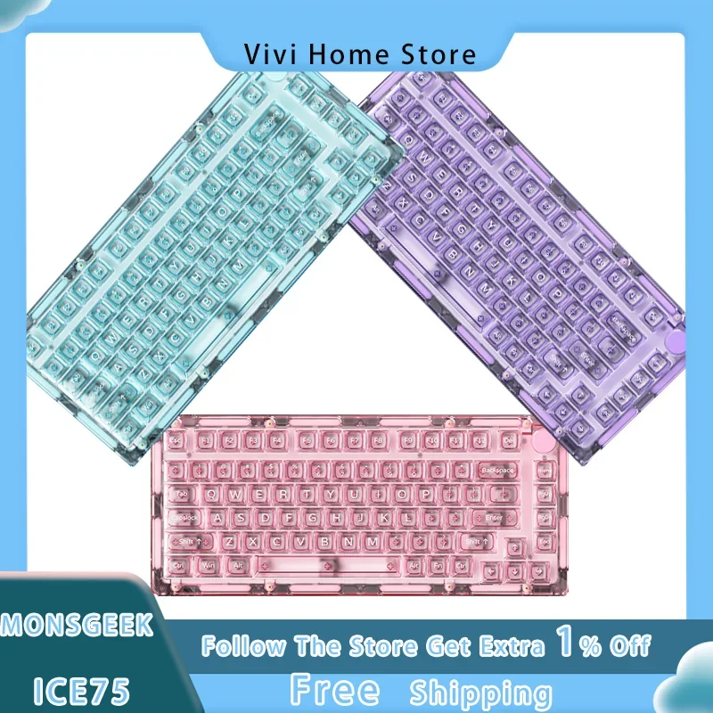 

MONSGEEK ICE75 Mechanical Keyboard Full Transparent Ice Cube Rgb Three Mode Bluetooth Hot Plug Customized Game Keyboard Office