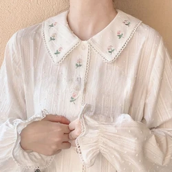 2024 Japanese Peter Pan Collar Women Blouse Flower Embroidery Sweet Preppy Shirts Lolita Kawaii Casual All Match Blusas Tops