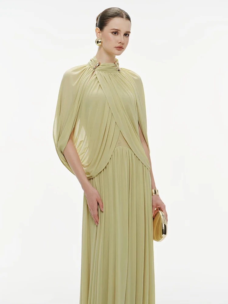 

Elegant Slimming Folded Design Gown Women's Fashionable Evening Dress Long Skirt Stylish Ball Gown Polyester Fiber Neckline