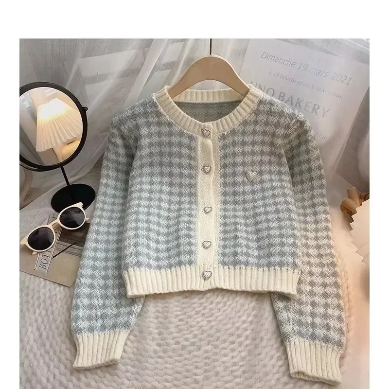 2024 Autumn New Style Tweed Sweater Women\'s Vintage Sweet Feeling Knit Real Pocket Cardigan Crew Neck Pullover