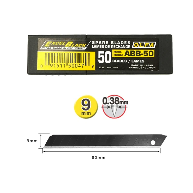 50 Japonês Original OLFA Lâminas ABB-50 Multipurpose Pequenas Lâminas de Aço Inoxidável 0.38mm Art Blade 9mm Wide Lâmina Preta de Alta Qualidade Sharp e Durable Stationery Blade Substituição