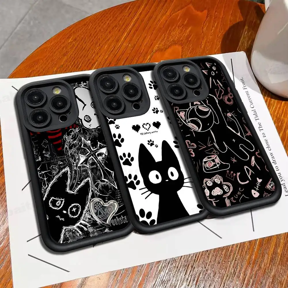 Graffiti Black Cat Pattern Silicone Soft Phone Case For IPhone 17 16 14 13 12 11 15 Pro Max Plus Air Cover