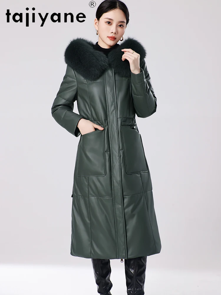 TAJIYANE-abrigo de piel de oveja para mujer, chaqueta larga ajustada con capucha de cuero genuino, abrigos con cuello de piel de zorro, ropa de invierno para mujer 2025