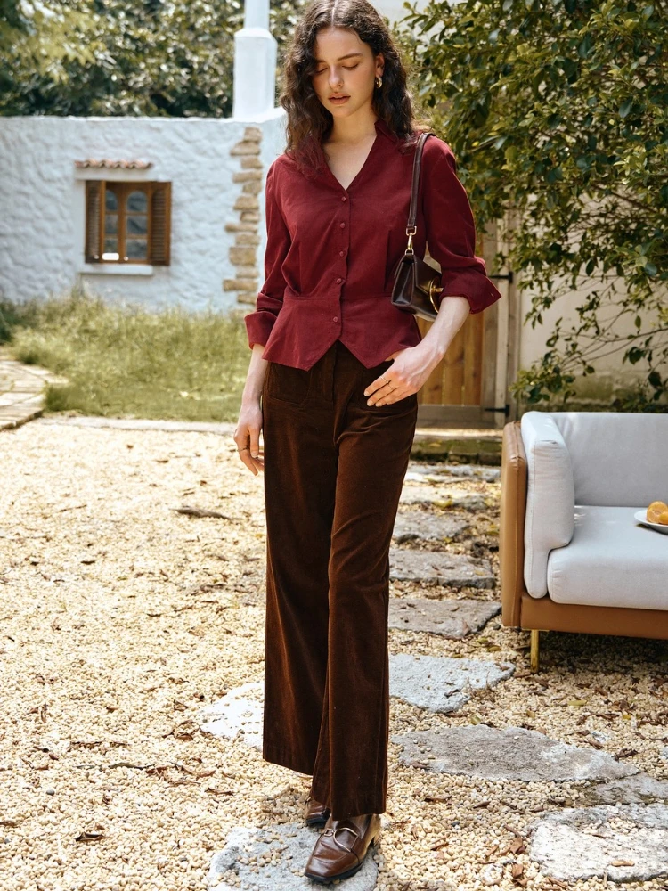 

OLrain Women's New Vintage Burgundy Corduroy Shirt Autumn 2025 Commute V-Neck Tuck Stitching Shirring Details Shirt O57QC000860