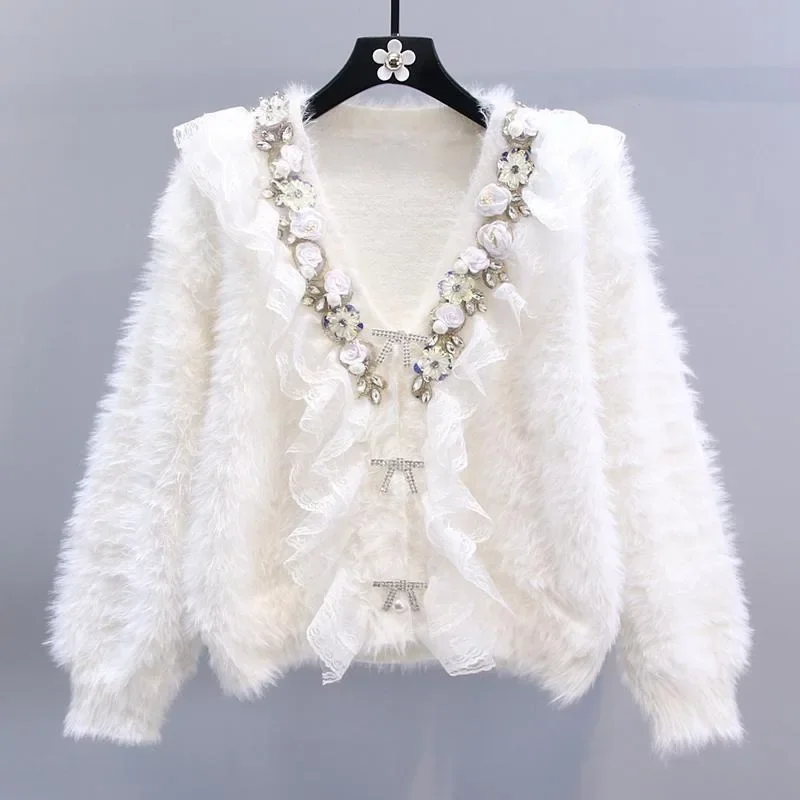 Women V-neck Pink 3d Floral Diamonds Beaded Knitted Cardigan Autumn Pearls Beaded Sweaters Long Sleeve Mohair Sweater Coat Tops