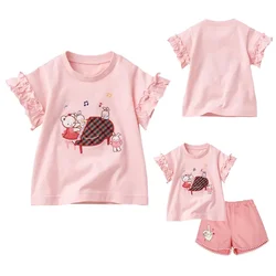 Family Children's Clothing Summer New Girl Cartoon Piano Bear Rabbit Embroidery Lace Sleeve Short Sleeve T-shirt Top