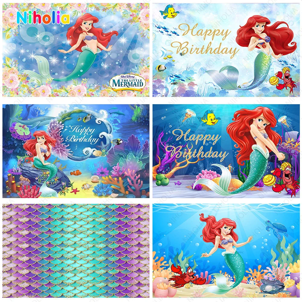 Little Mermaid Backdrop Girls Birthday Decoration Ariel Princess Photo Background Seabed Shell Treasure Photocall Props Poster