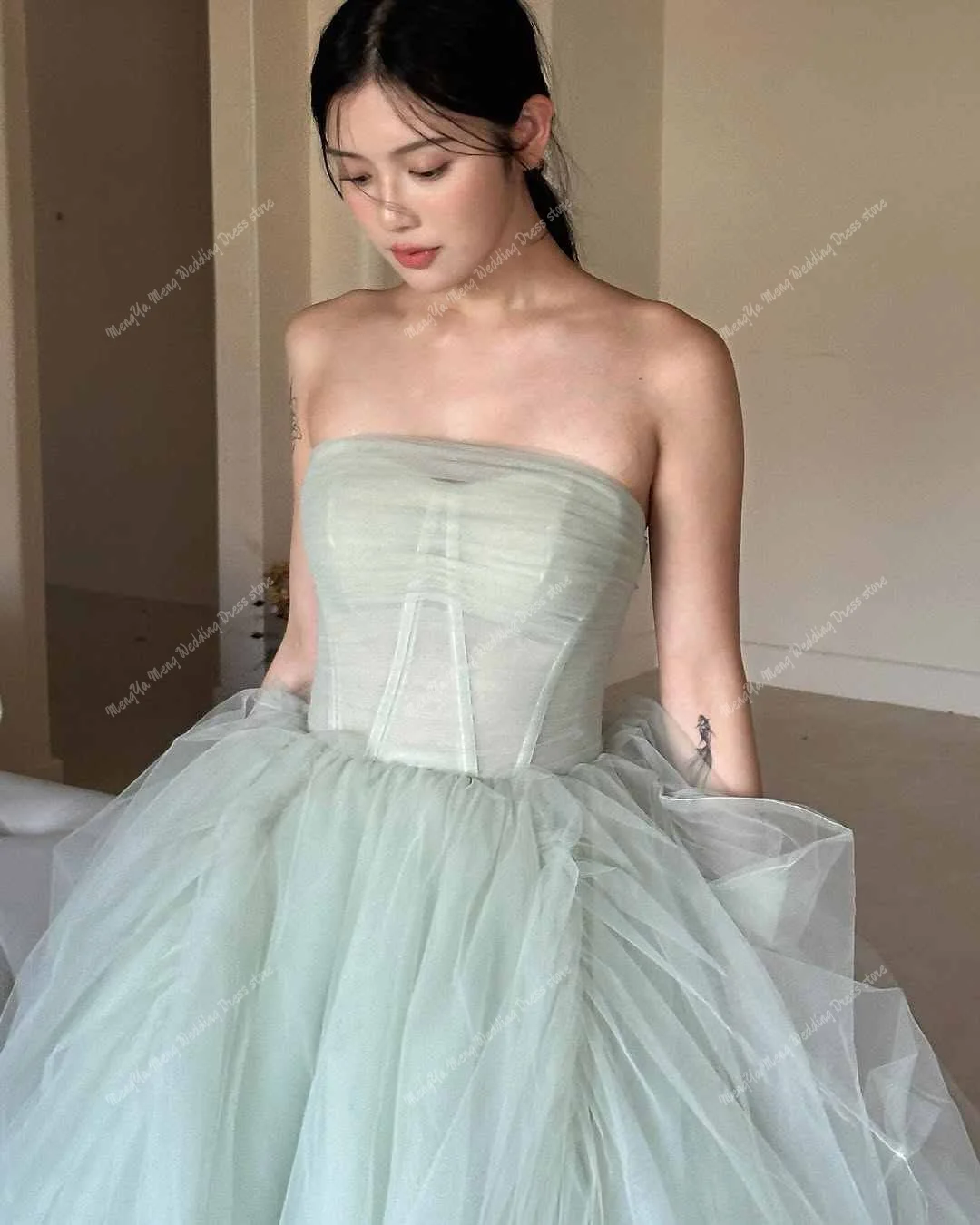 Simple Mint Green Korea Evening Dress A-line Strapless Puffy Tulle Wedding Dresses Photo Shoot Customized Corset Bridal Gown