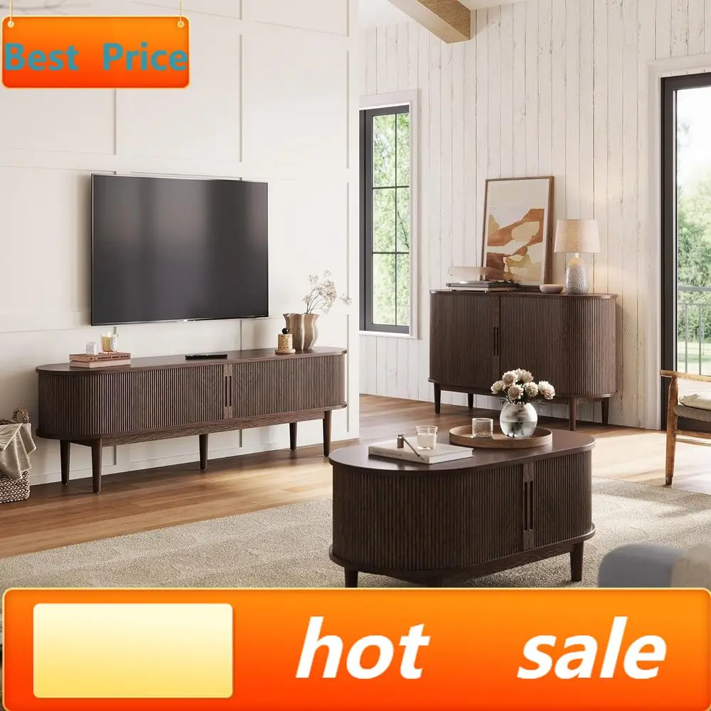 Promotion75 Modern TV Stand with Sliding Door Storage and Curved Media Table in Walnut Finish