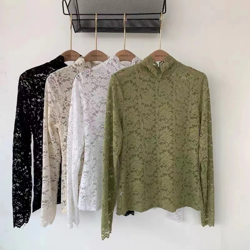Fashion Stylish Half High Collar Lace Hollow Out T-shirt Top Women's Simple Daily Versatile Slim Long Sleeve Basic Top