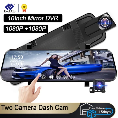 Grabadora de vídeo con pantalla táctil DVR para coche de 10 pulgadas, espejo retrovisor Dual 1080P, cámara de visión nocturna HD delantera y trasera