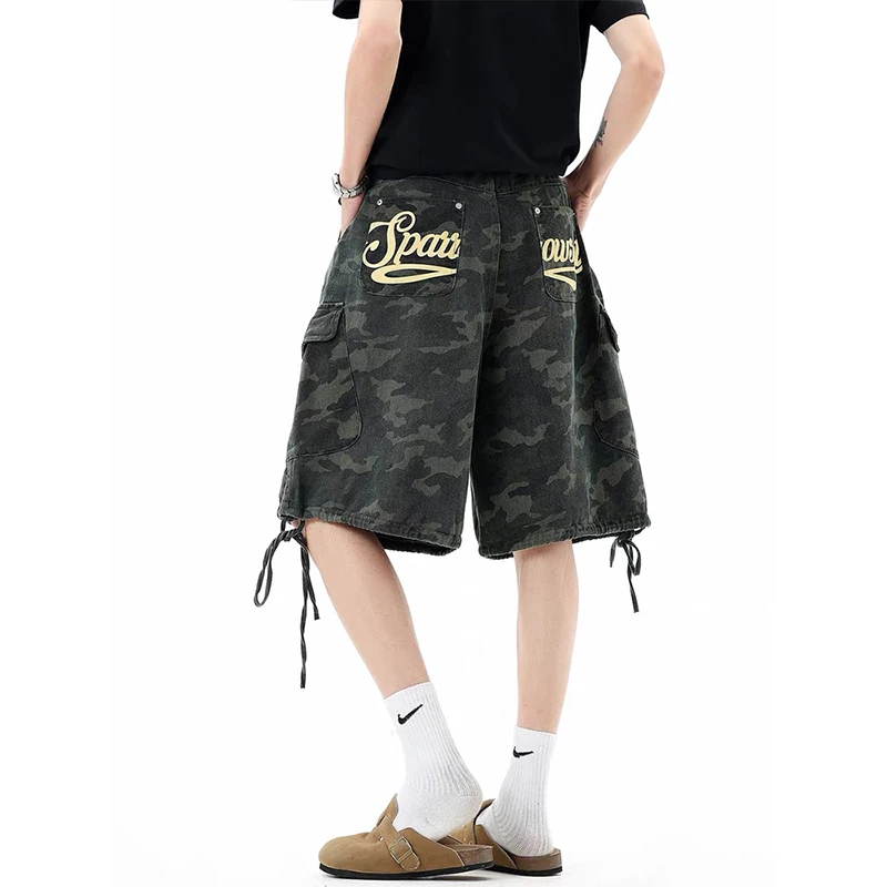 American High Street Retro Camouflage Letter Print Cargo Denim Shorts  Man's 2026 Summer Loose Fit Wide Leg Mid-Length