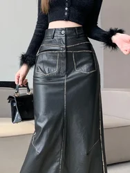 Women's Black Pu A-line Long Skirt Vintage Y2k Skirt Harajuku Korean Streetwear Elegant Patchwork Skirt 2000s Clothes Autumn