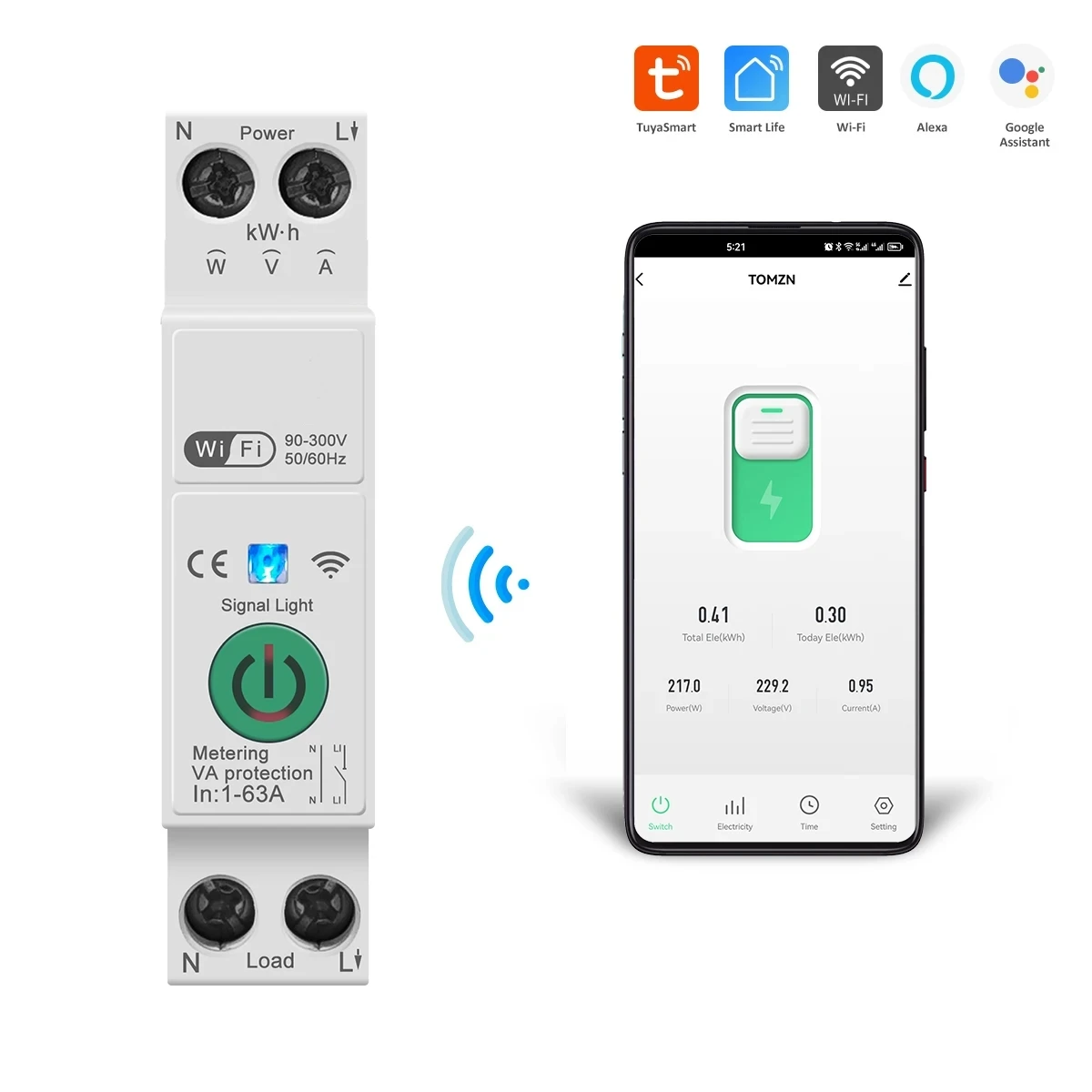 Tuya WiFi/Zigbee Smart Circuit Breaker 63A DIN Rail for Smart Home Wireless Remote Control WiFi Switch by APP metering Breaker