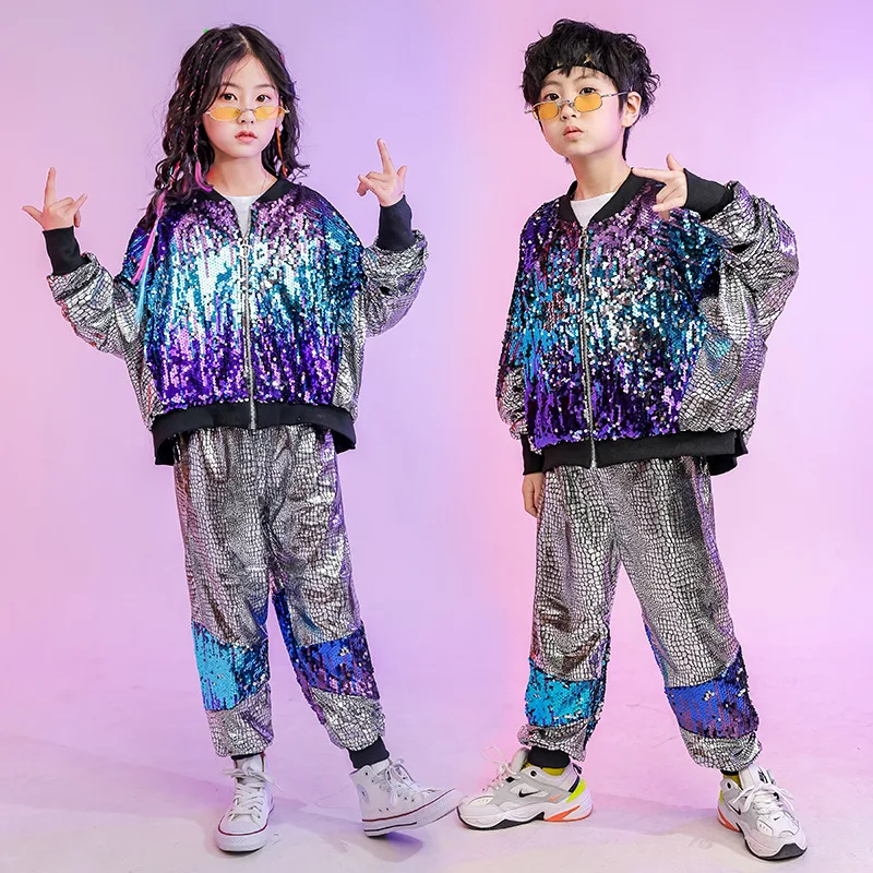 Disfraz de baile de Jazz callejero para niños, ropa de Performan, ropa de Hip Hop, abrigo con lentejuelas, chaqueta suelta, pantalones plateados para niñas y niños