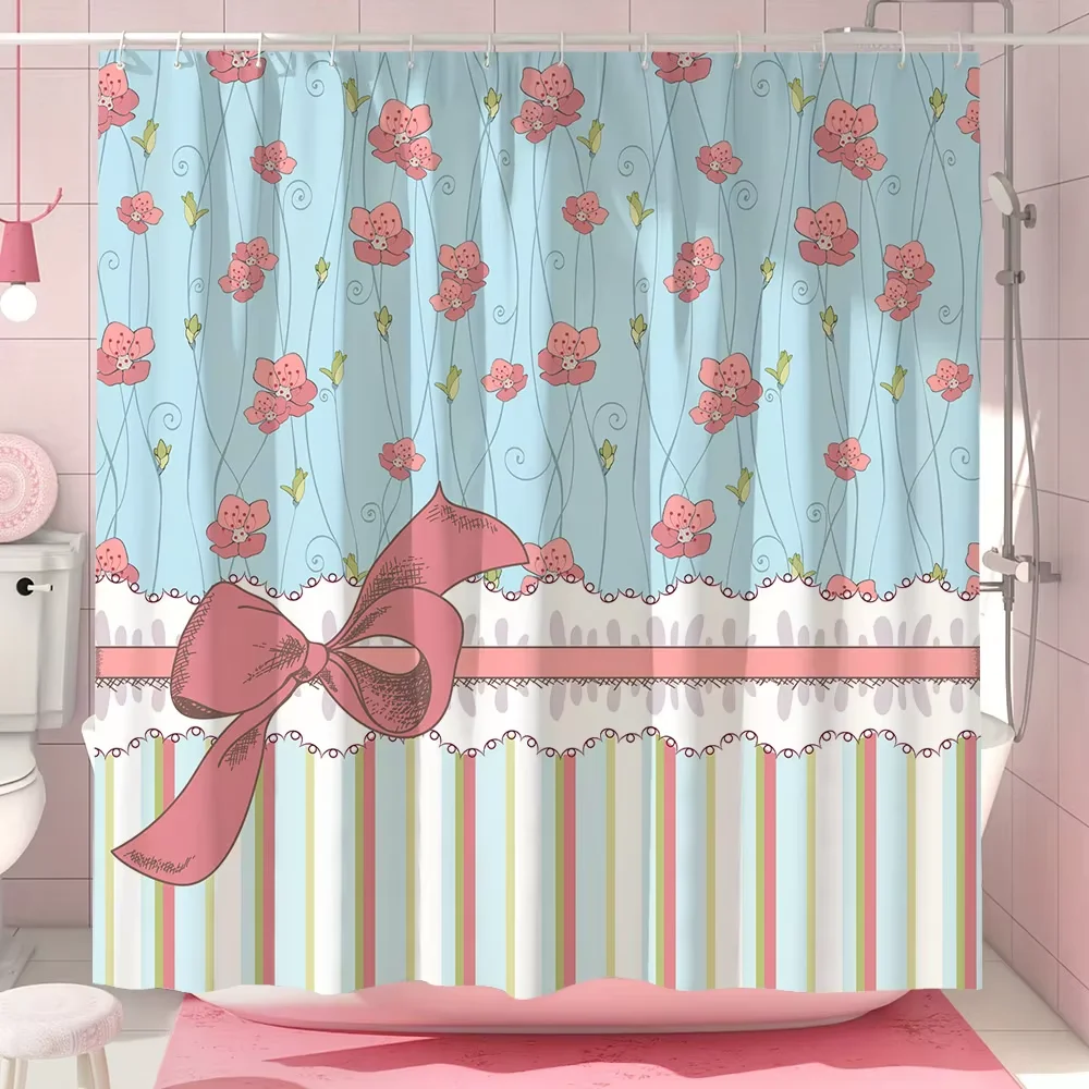 

Modern Girl Pink Bow Pattern Shower Curtain, Bathroom Curtain,Printed Polyester Home Decorative Curtain with Hooks