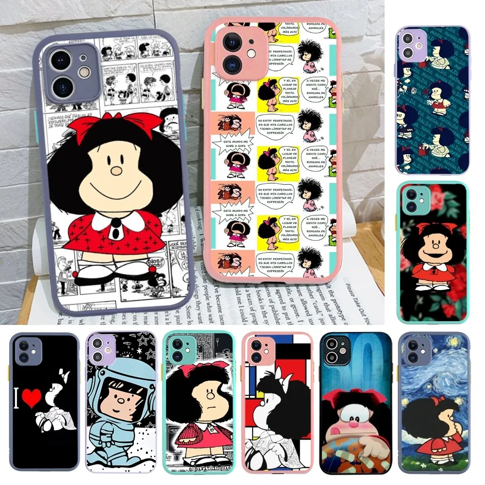 Hot M-Mafalda Girl Phone Case for iPhone 14 11 12 13 Mini Pro Max 8 7 Plus X XR XS MAX Translucent Matte Cover