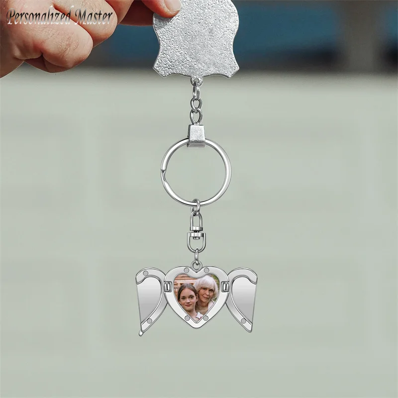 

Personalized Master Heart Photo Angel Wings Locket Keychain Custom Picture Text Car Key Accessories Birthday Anniversary Gift