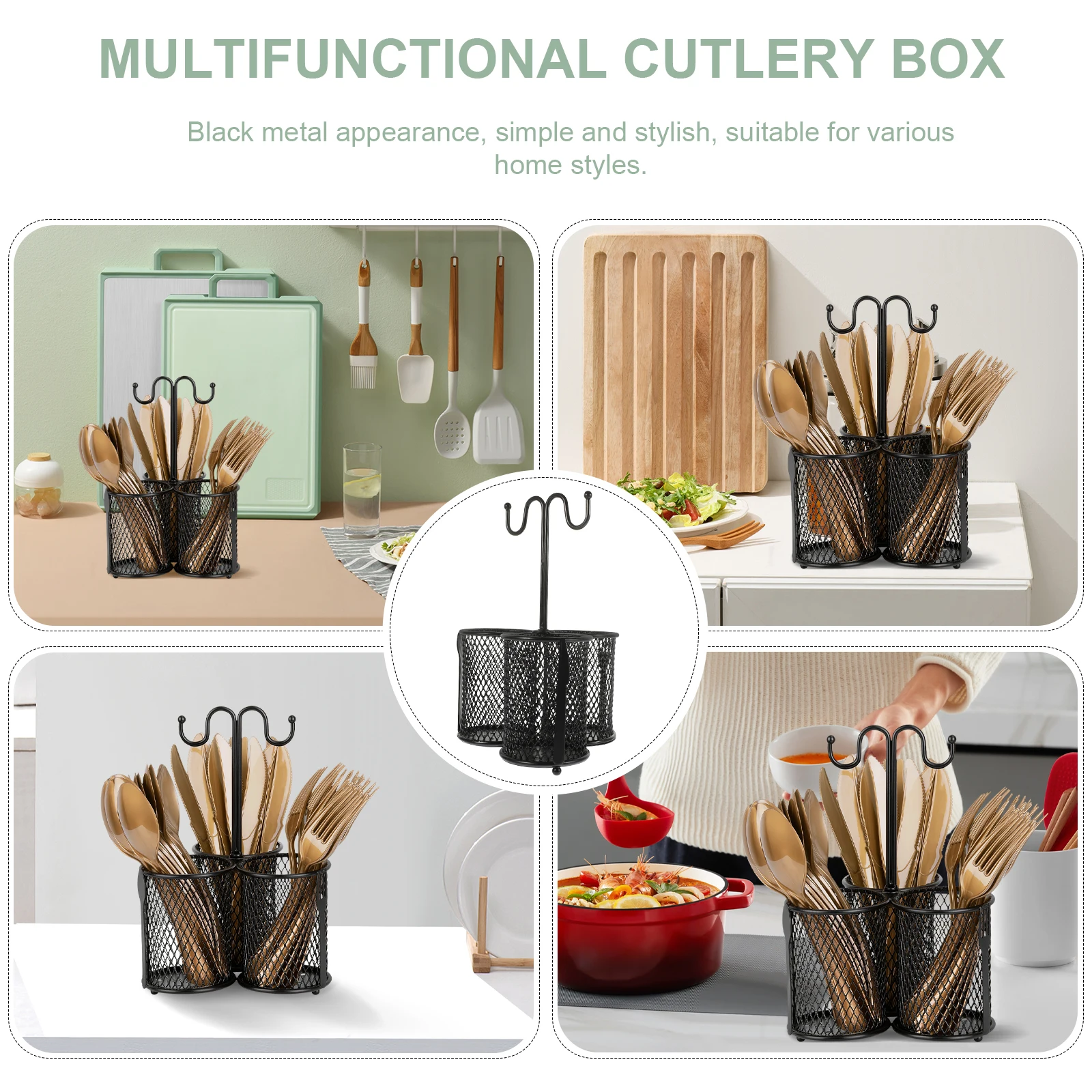 

Multi-function Utensil Holder Black Iron Kitchen Storage Rack Cutlery Chopstick Organizer Countertop Space-saving