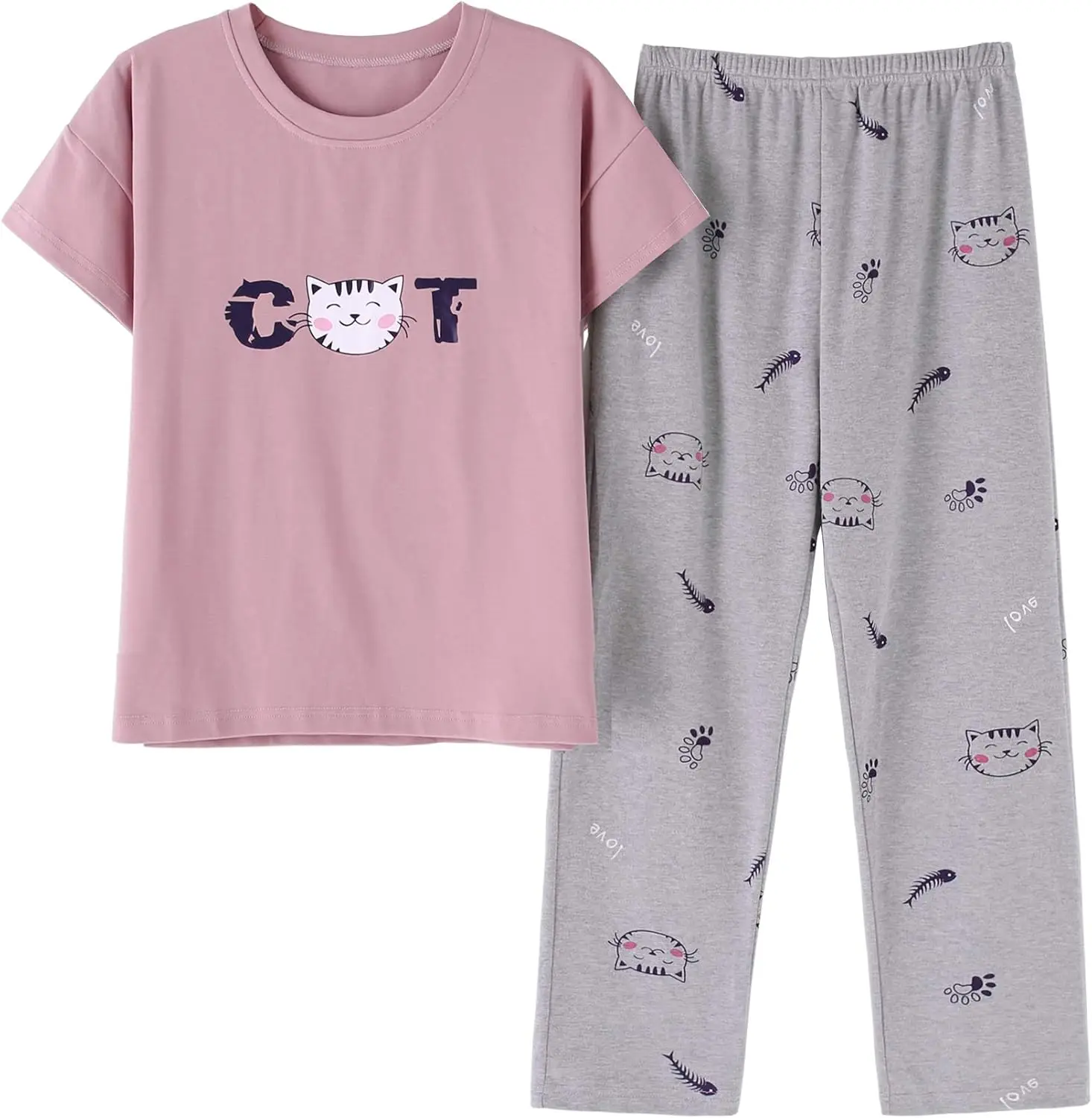 

Big Girls' Short Sleeve Long Pants Pajama Sets 2PCS Cartoon & Letters Printed Sleepwear Lounge for Teens