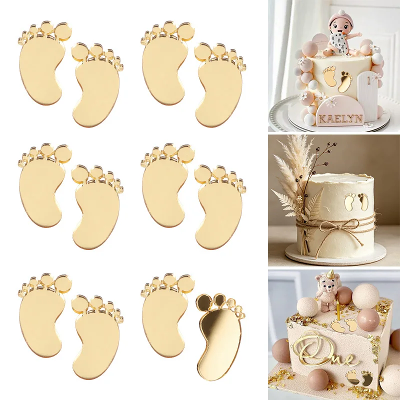 

6Pcs Gold Mirror Acrylic Baby Footprint Cake Toppers for Baby Shower Gender Reveal Newborn Birthday Celebration Cake Decorations