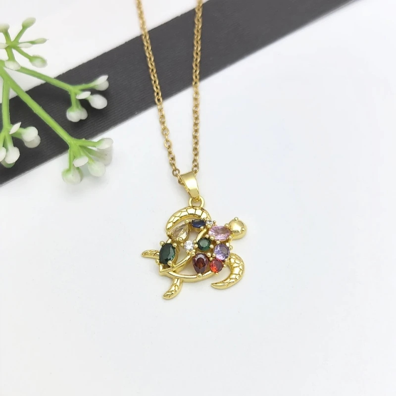 Elegant Women's Accessory Copper-Set Colorful Turtle Pendant Necklace on Stainless Steel Chain Unique Personality Fine Jewelry