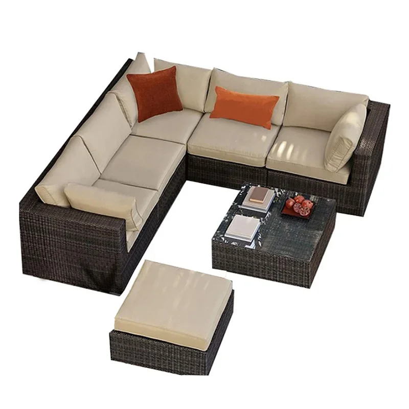 

Outdoor rattan sofa courtyard combination sunscreen waterproof leisure double woven rattan chair exposed roof furniture