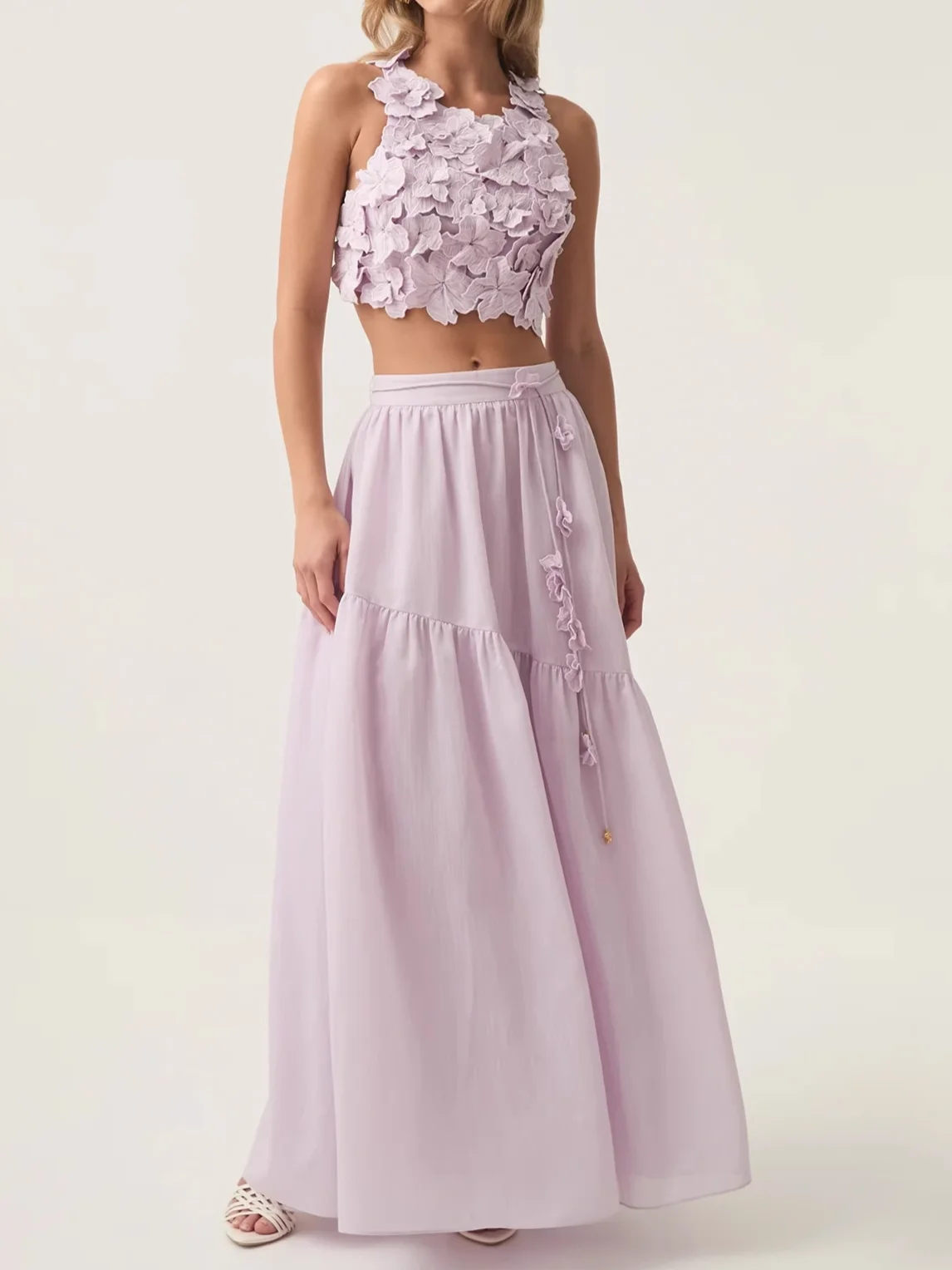 Damen-Rock-Set mit 3D-Blumen, O-Ausschnitt, ärmellos, rückenfrei, Weste oder hohe Taille, A-Linie, langer Jupe-eleganter Damenanzug